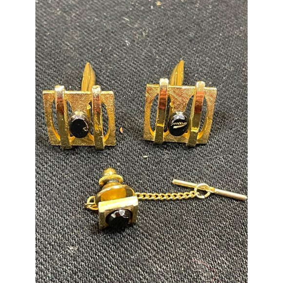 Vintage 70's Cuff Link Set With Matching Tie Clip Pin - Picture 4 of 7